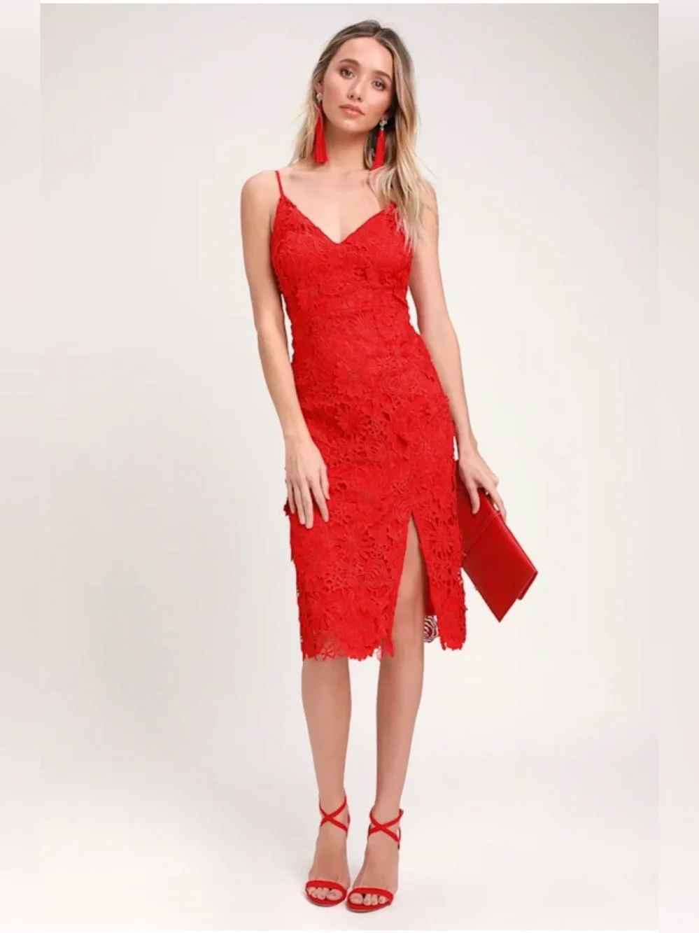 Lulus Steal Your Heart Red Crochet Lace Midi Dress XS Sleeveless Side Slit - Picture 3 of 11
